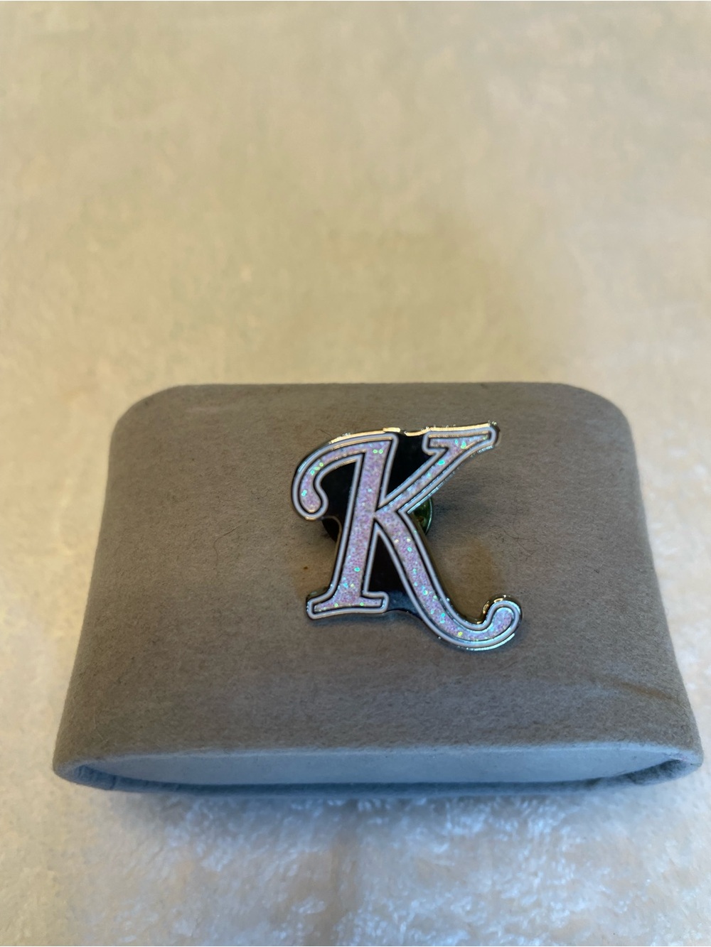 Iridescent Pink Glitter Monogram Letter K Enamel Pin.